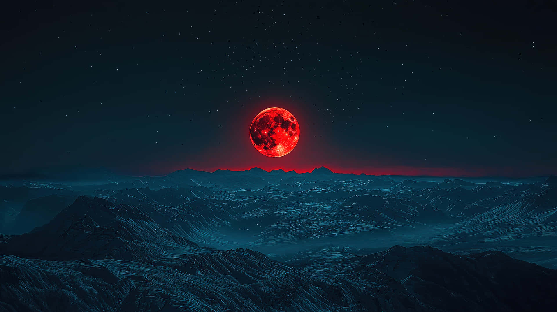 A striking blood moon rises over a dark mountainous landscape, casting an eerie red glow 壁紙 — 一輪發光的紅月亮在繁星點點的深藍色夜空下，從鋸齒狀的雪山上升起。