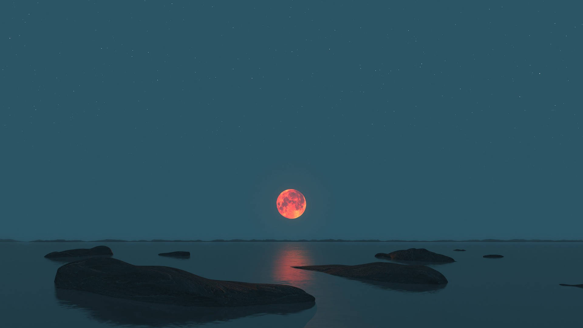 月夜星空 桌布 壁紙 — 一輪發光的紅月升起在平靜的水面上，水面反射其光芒，黑暗的岩石點綴前景，上方是繁星點點的夜空。
