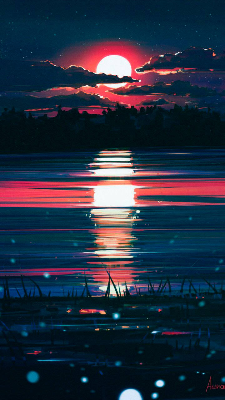 Beautiful Phone 桌布 壁紙 — 一輪發光的紅月映照在黑暗的水面上，星空下襯著樹木的剪影。