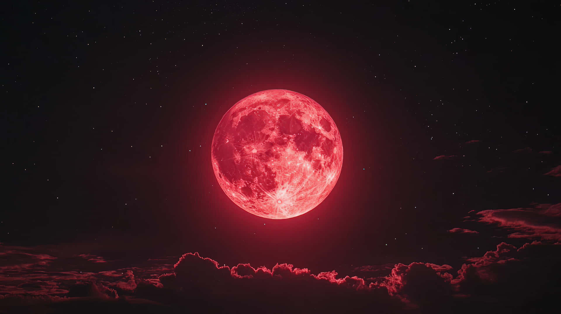 Glowing Blood Red Supermoon in a Dark Starry Sky with Clouds Below 壁紙 — 一輪發光的紅色滿月主宰著繁星點點的夜空，下方烏雲投下紅色陰影。