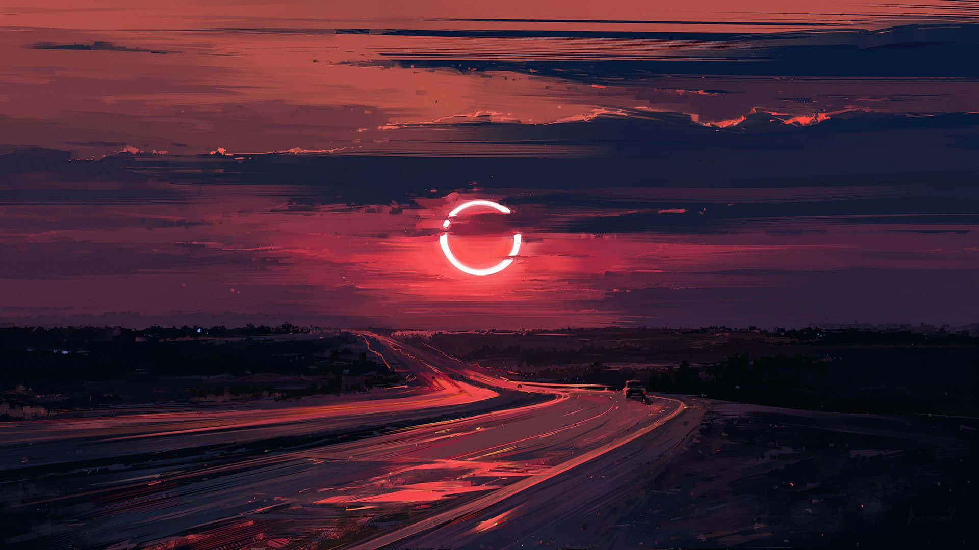 Neon Red Aesthetic 桌布 壁紙 — 一輪發光的紅色環狀太陽在條紋深紅色的天空下，落在蜿蜒的高速公路上。