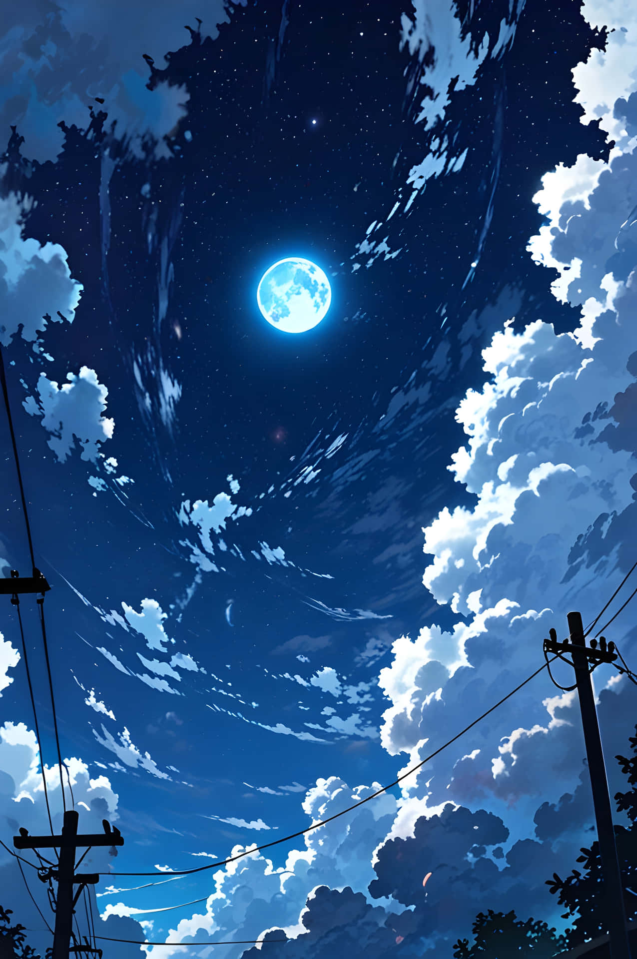 Midnight Lunar Sky 壁紙 — 一輪發光的藍月亮穿過漩渦狀的雲層，照耀在剪影般的電線和樹木之上，背景是繁星點點的夜空。
