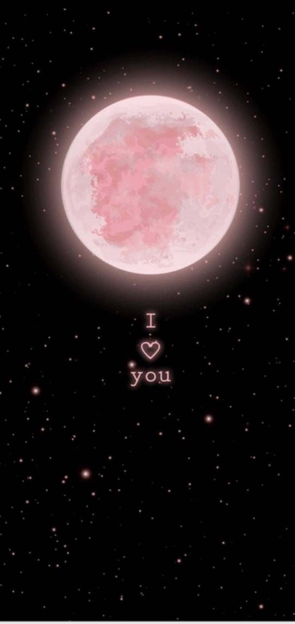 月光 桌布 壁紙 — 一輪粉紅色發光的月亮掛在滿天星斗的夜空，下方漂浮著「I heart 你」的字樣。