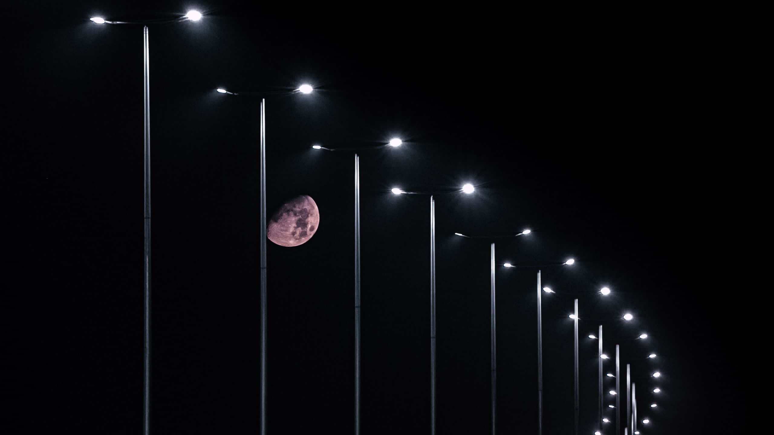 Street Light 桌布 壁紙 — 一輪粉紅色的月亮在彎曲的發光街燈列後面升起，襯托著漆黑的夜空。