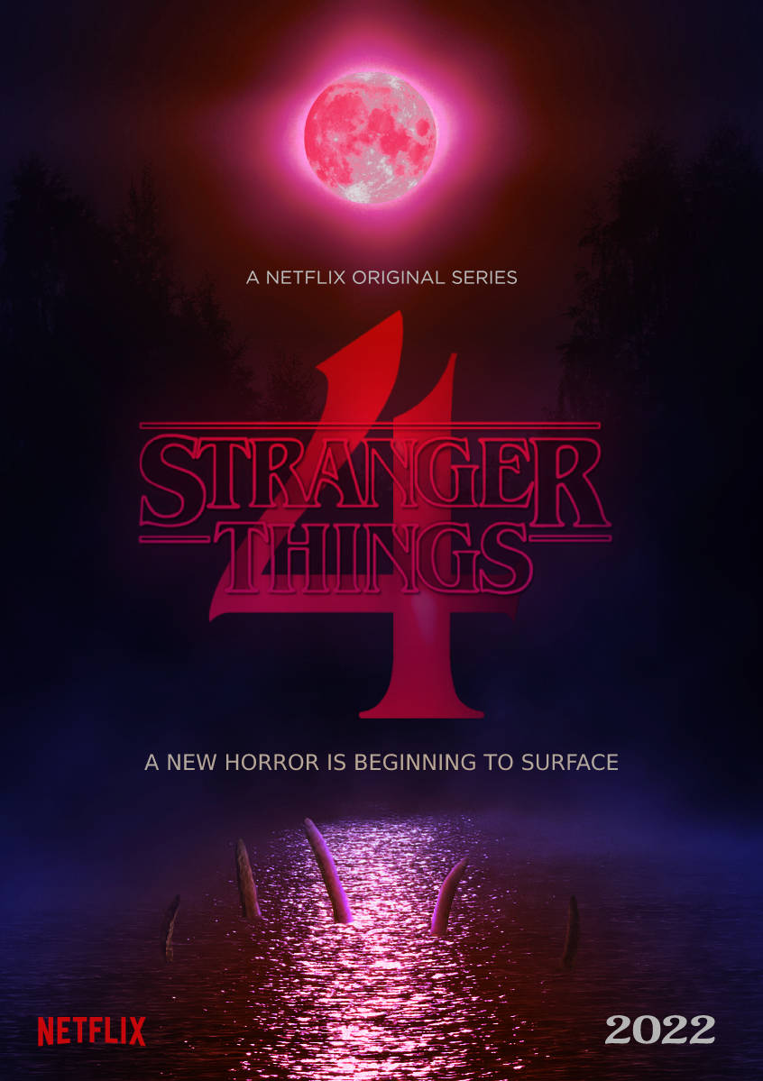 Stranger Things 4 桌布 壁紙 — 一輪紅光月亮籠罩著黑暗森林，觸手從反射湖面升起，下方是《怪奇物語》第四季標題。