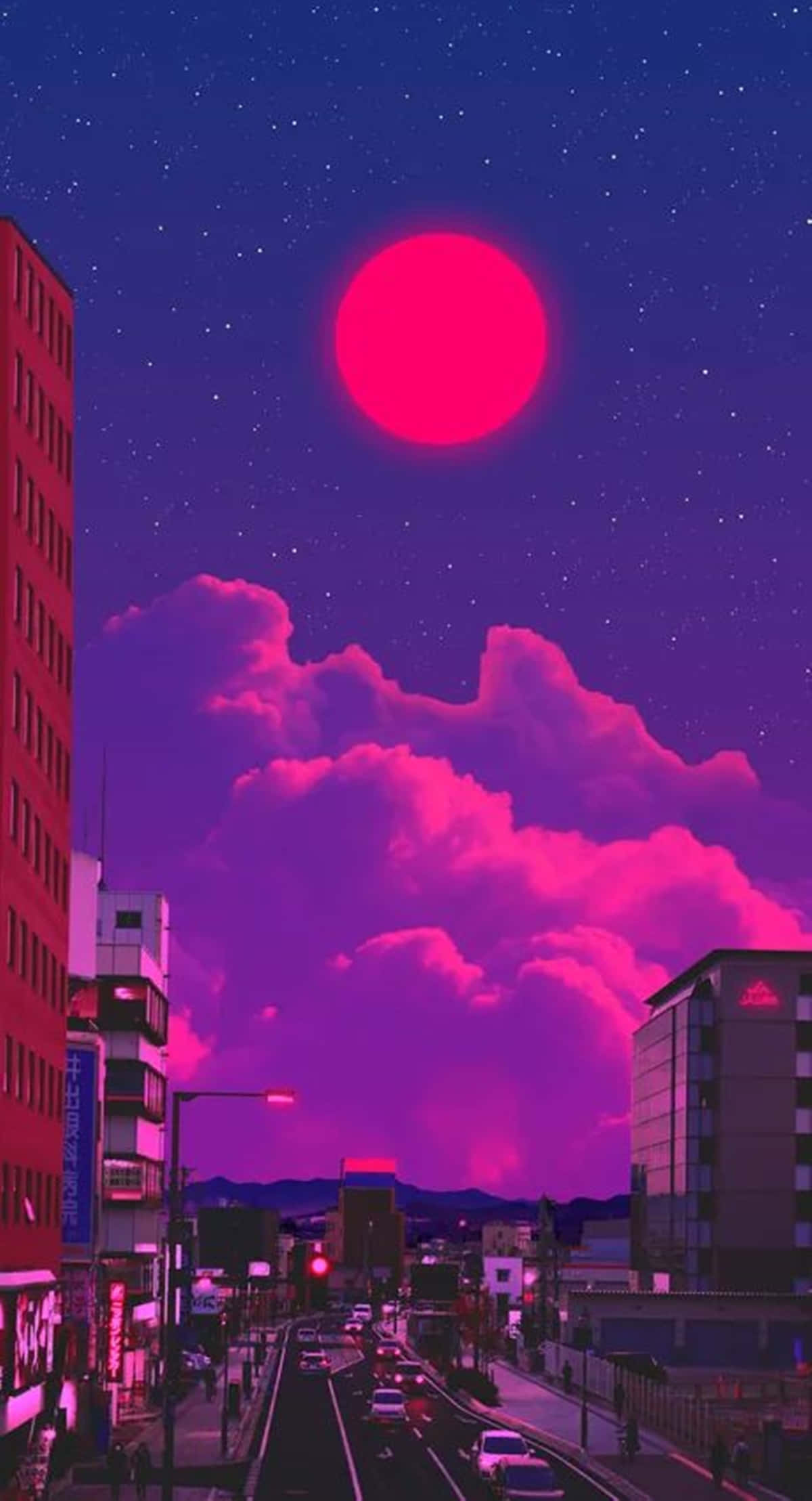 Live Aesthetic 桌布 壁紙 — 一輪螢光粉紅月亮在紫色雲朵和發光街燈的城市景觀上空發光，背景是繁星點點的夜空。
