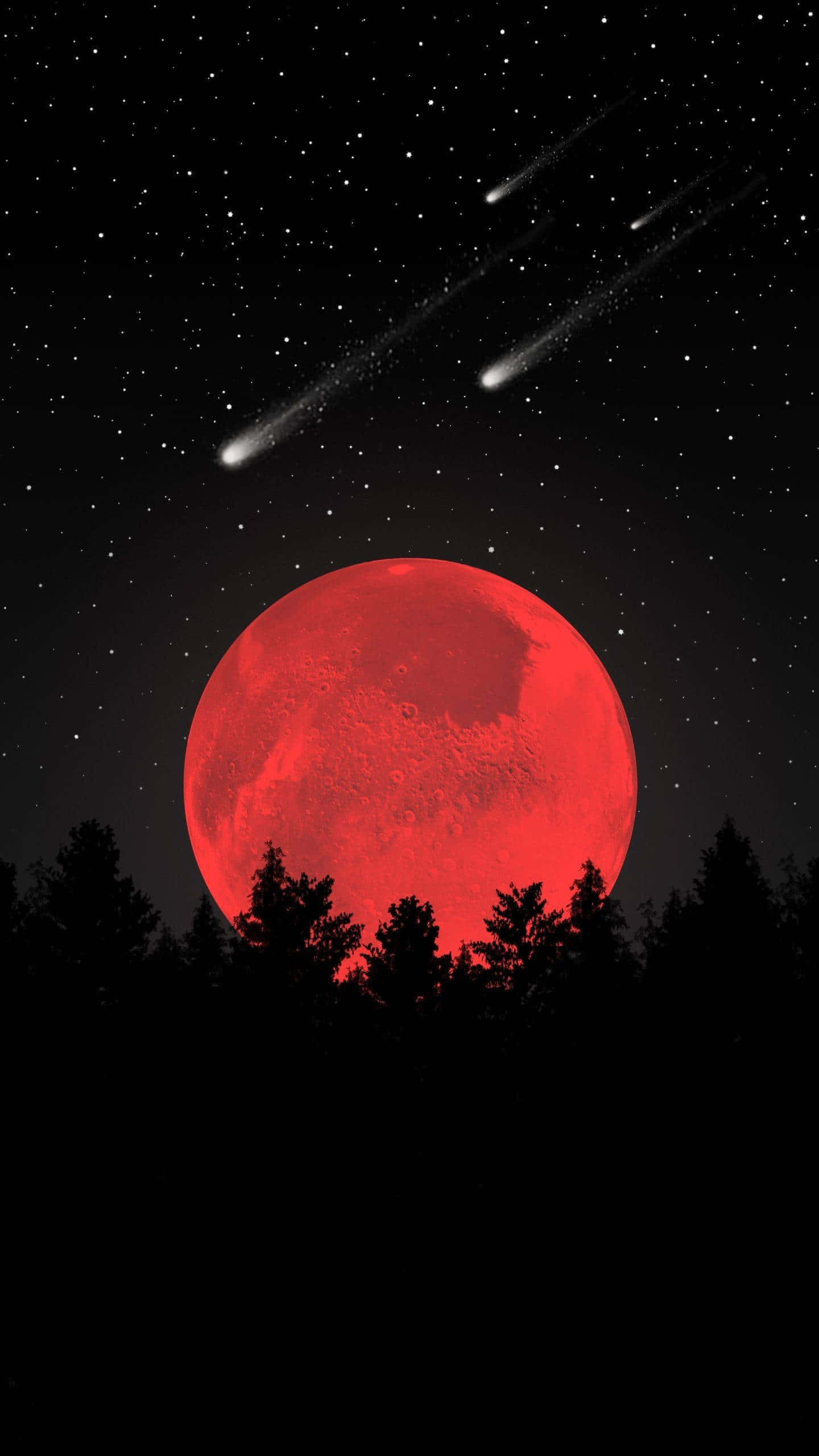 Cool Moon 桌布 壁紙 — 一輪血紅色的月亮籠罩著黑暗的森林，三顆明亮的流星劃過繁星點點的夜空。