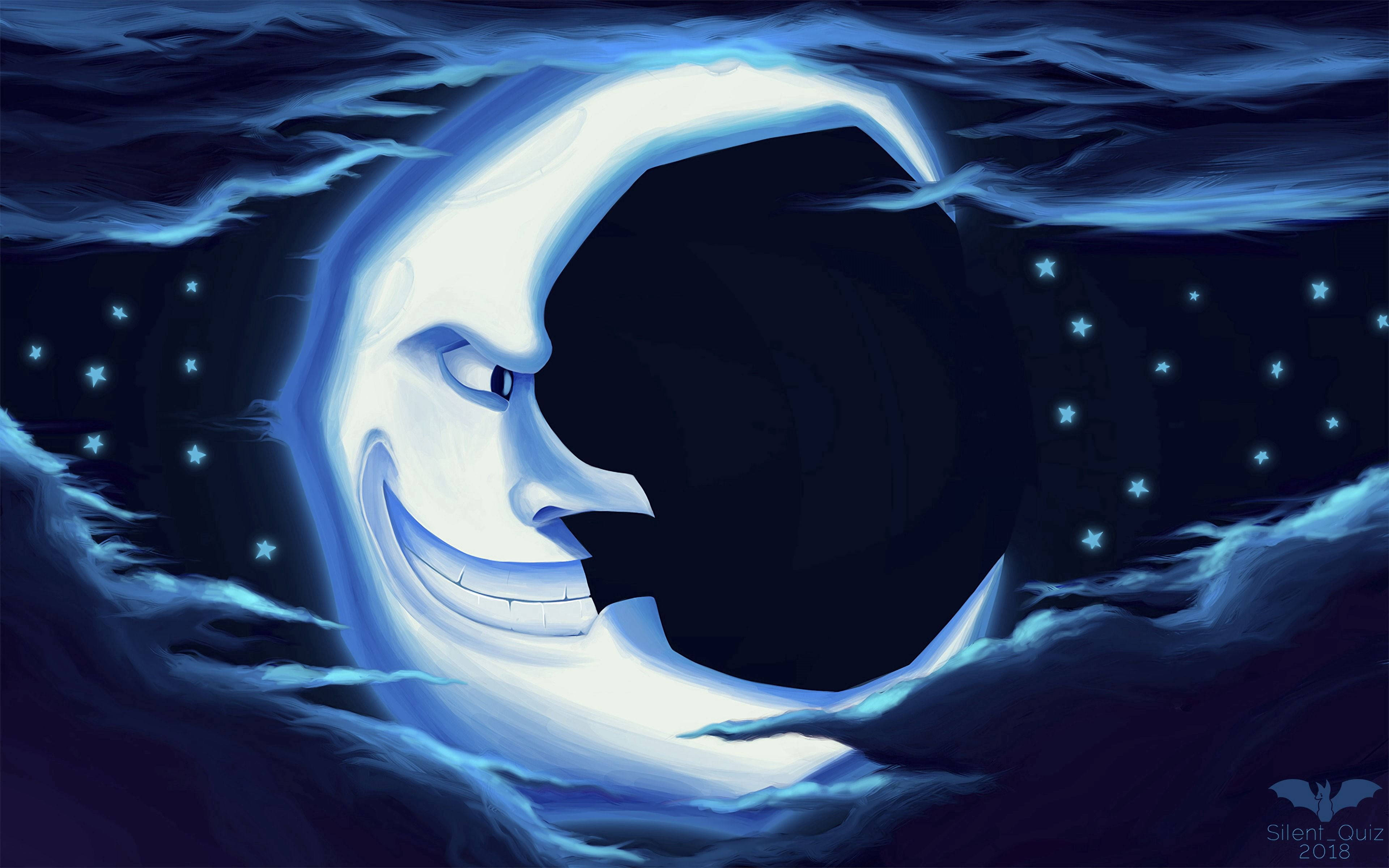 moonlight 4K 桌布 壁紙 — 一輪閃爍的彎月帶著頑皮的笑容，從點綴著閃爍星星的旋轉烏雲中探出頭來。