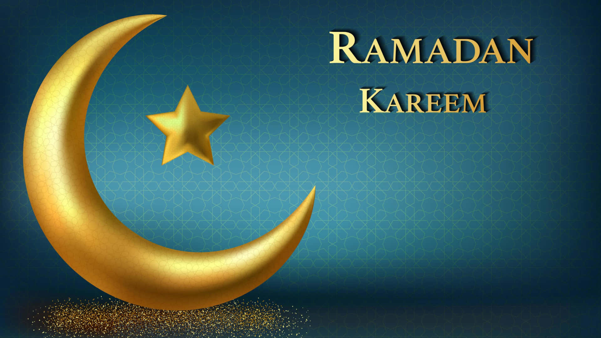 Ramadan 桌布 壁紙 — 一輪閃耀的金色新月和星星漂浮在閃爍的塵埃之上，背景為深藍色圖案，並帶有「Ramadan Kareem」文字。