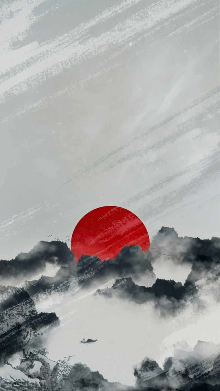 桌布 壁紙 — 一輪鮮紅的太陽在霧氣瀰漫的黑白山峰上升起，下方平靜的河面上有一艘孤舟漂流。