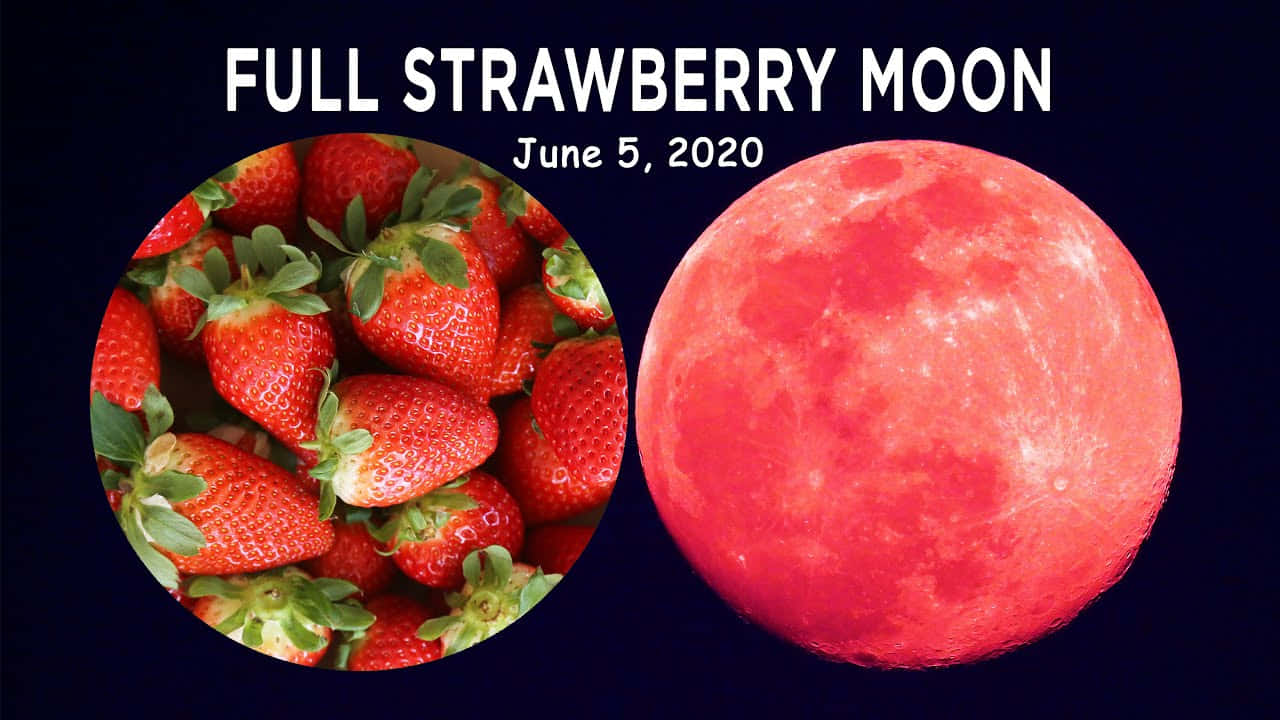 Pink Moon Real 桌布 壁紙 — 一輪鮮紅的滿月旁邊有一圈新鮮草莓，襯以深色背景。