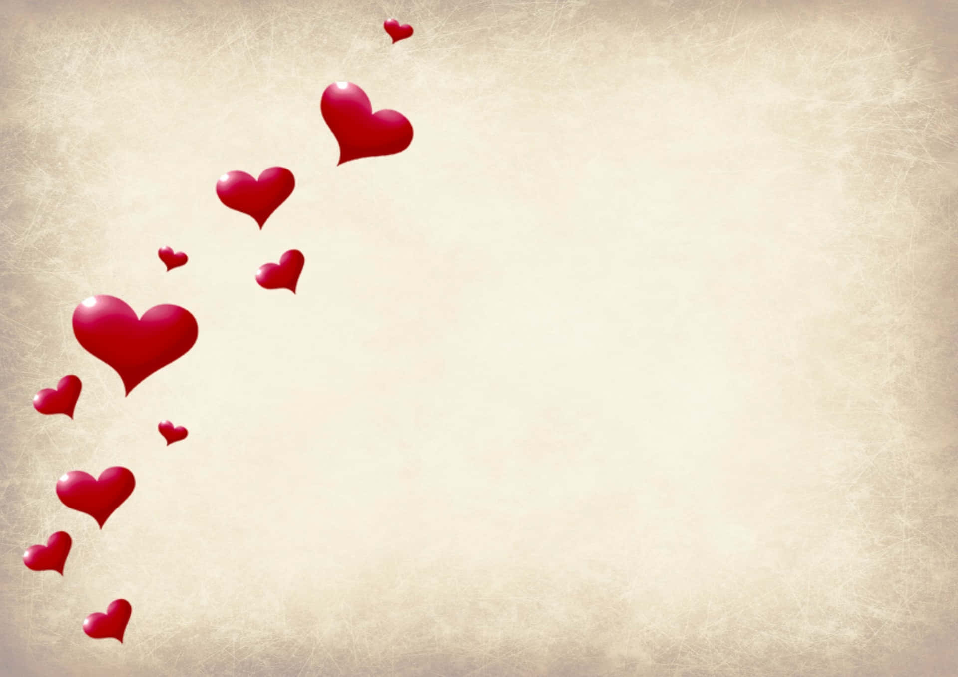 Romantic Love 桌布 壁紙 — 一連串光澤的紅色心形以對角線方式飄浮在帶有紋理的米色羊皮紙背景上。