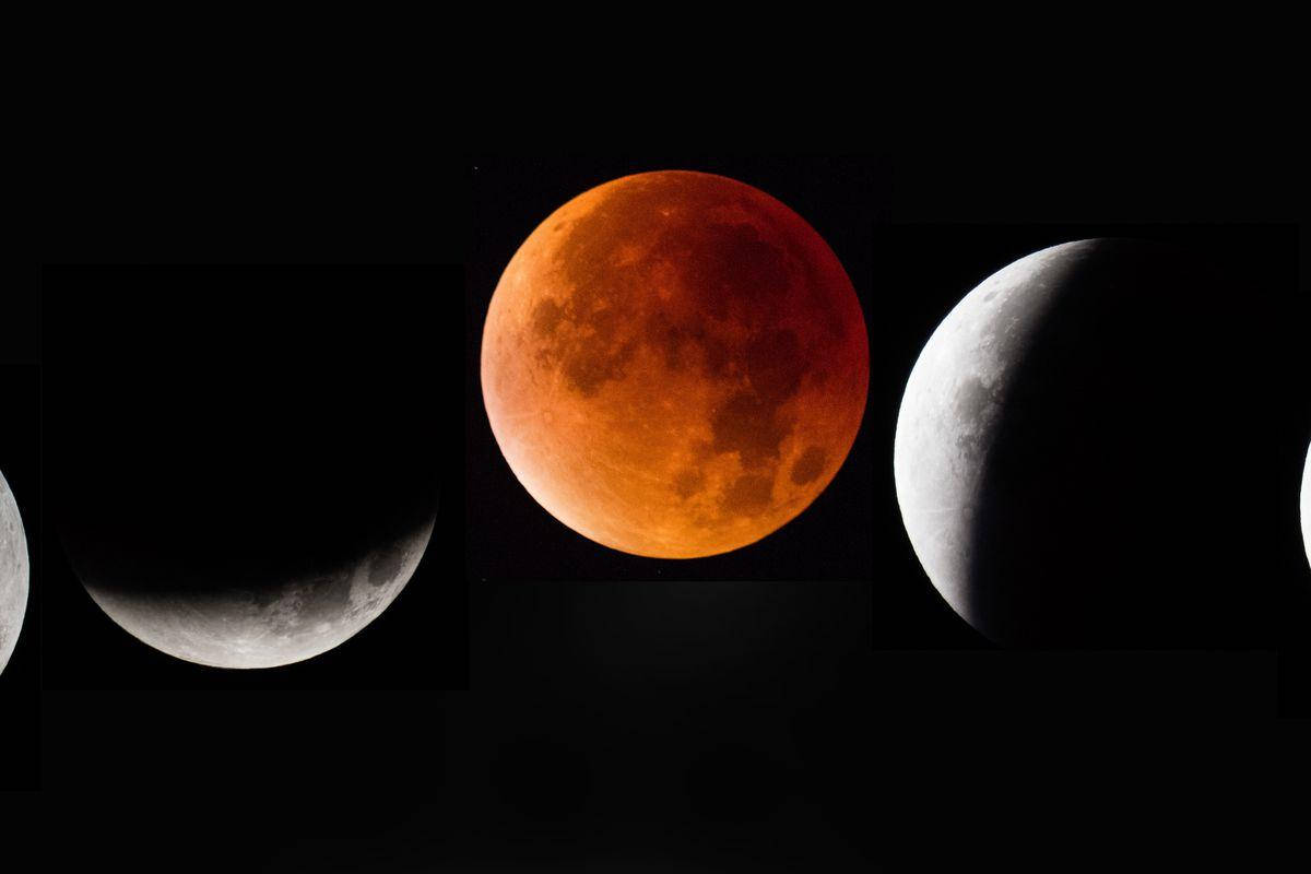 Eclipse 桌布 壁紙 — 一連串戲劇性的月相在漆黑的天空中達到高潮，呈現出鮮明的血紅色月全食。
