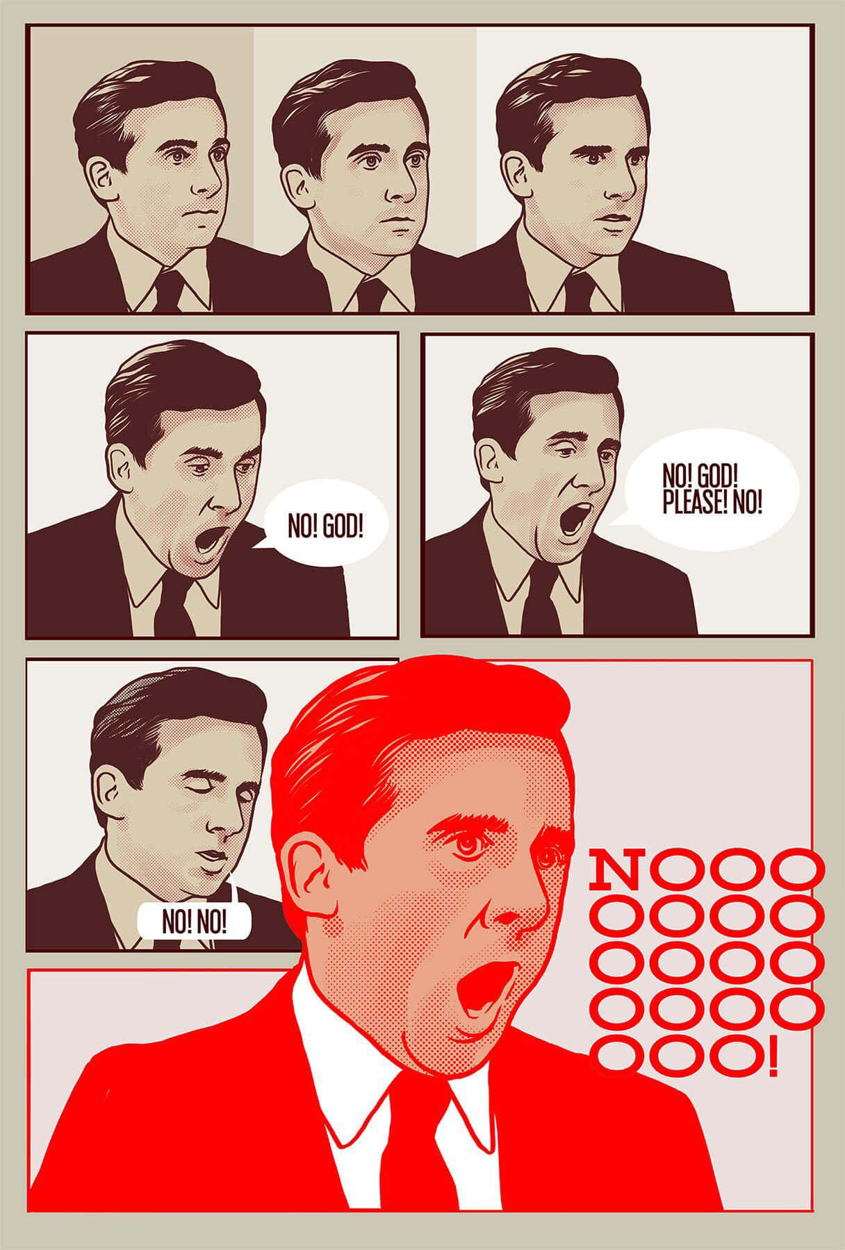 Michael Scott 桌布 壁紙 — 一連串漫畫格顯示一名男子從震驚升級到尖叫痛苦，帶有紅色半色調爆發和文字驚嘆。