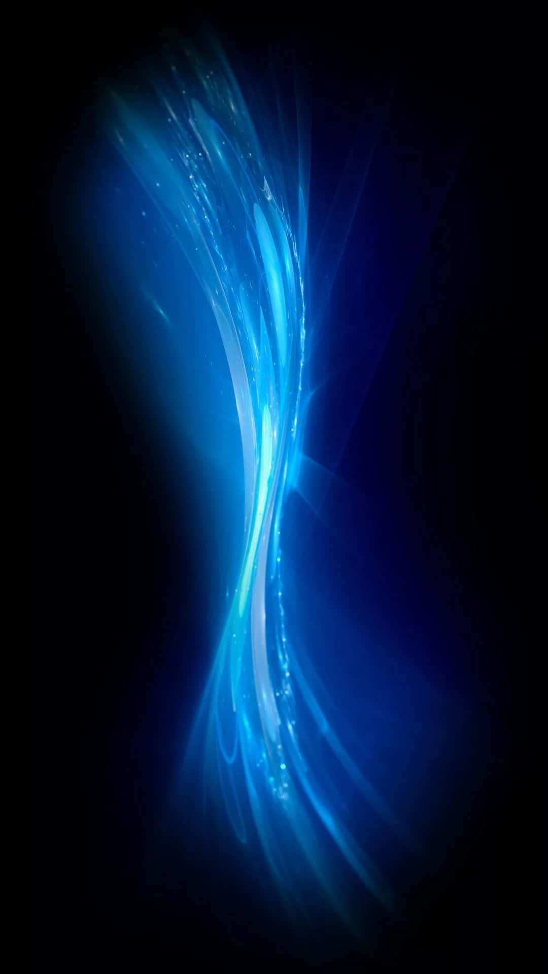 Solid Blue iPhone 桌布 壁紙 — 一道充滿動感的電光藍色光帶漩渦劃過漆黑虛空，散發著光芒四射的粒子。