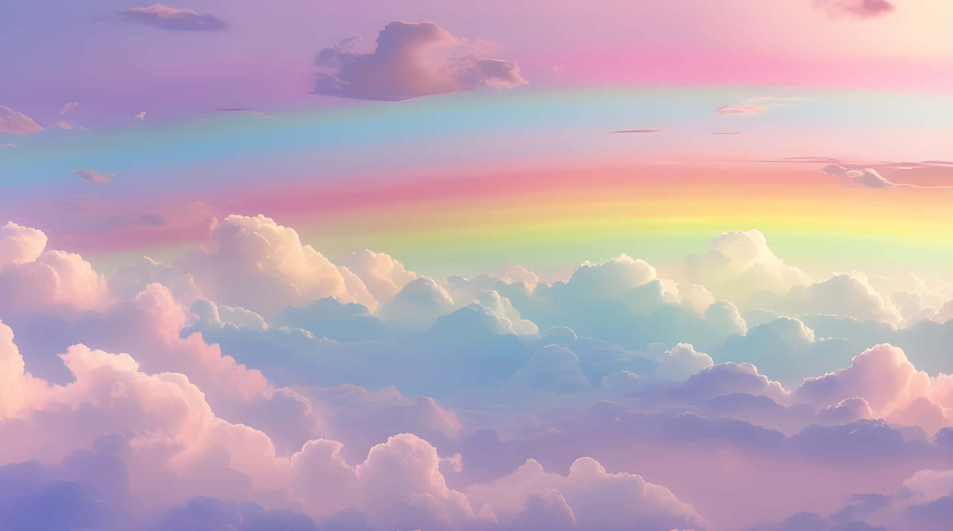 The beautiful rainbow abstract wallpaper 壁紙 — 一道充滿活力的彩虹優雅地劃過天空，天空充滿了柔和的粉彩雲，散發著粉紅色、紫色和藍色的光芒。