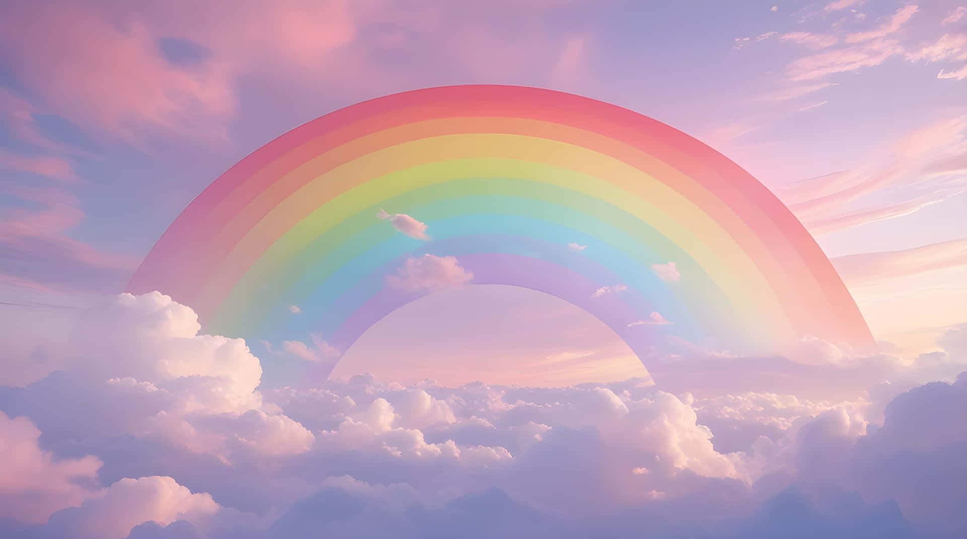 Rainbow 壁紙 — 一道充滿活力的彩虹優雅地拱起在柔軟的雲海之上，沐浴在柔和的粉紅色和薰衣草色的暮色中。
