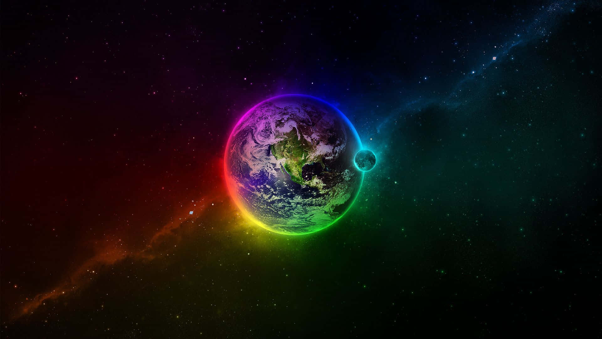 1920X1080 桌布 壁紙 — 一道充滿活力的彩虹光環包圍著地球，它漂浮在繁星點點的宇宙中，背景是發光的星雲。