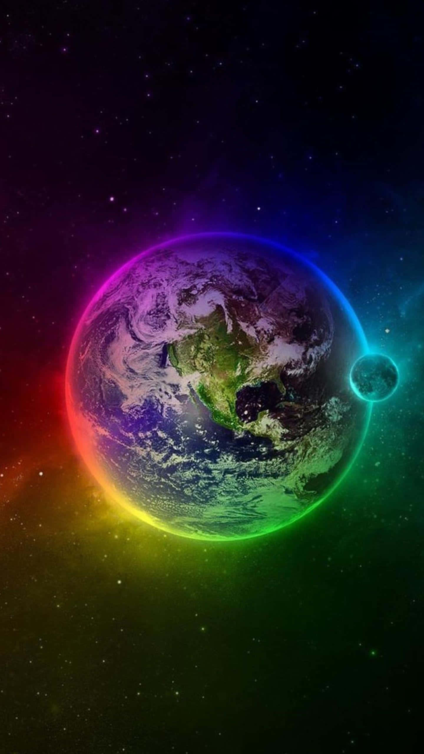 3d Galaxy 桌布 壁紙 — 一道充滿活力的彩虹光環圍繞地球發光，背景是繁星點點的宇宙，附近還有一輪小月亮。