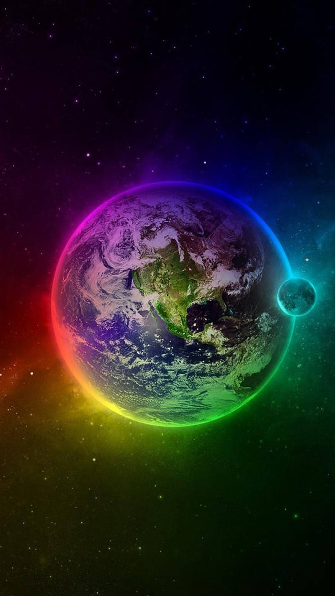 彩虹 桌布 壁紙 — 一道充滿活力的彩虹光環圍繞地球發光，背景是繁星點點的宇宙，附近還有一輪小月亮。
