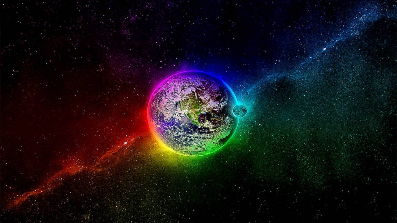 Cool 桌布 壁紙 — 一道充滿活力的彩虹光環圍繞著地球，漂浮在繁星點點的宇宙虛空中，色彩繽紛的星雲掠過。