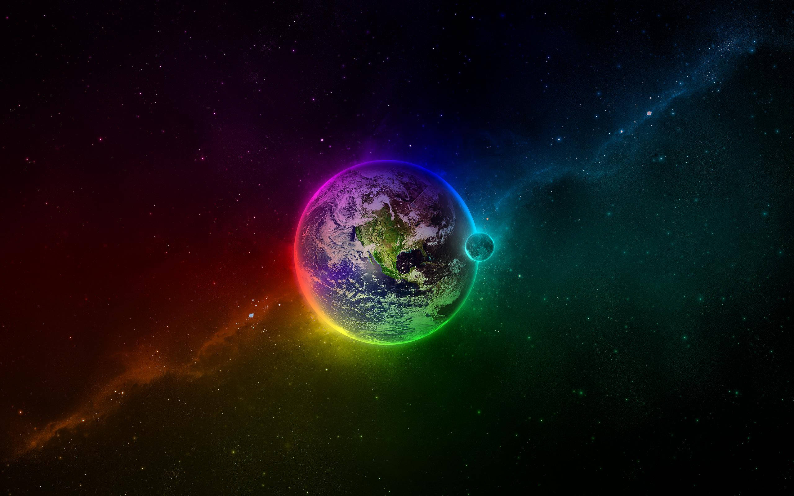 外太空 桌布 壁紙 — 一道充滿活力的彩虹光環圍繞著地球，背景是繁星點點的宇宙和色彩繽紛的星雲。