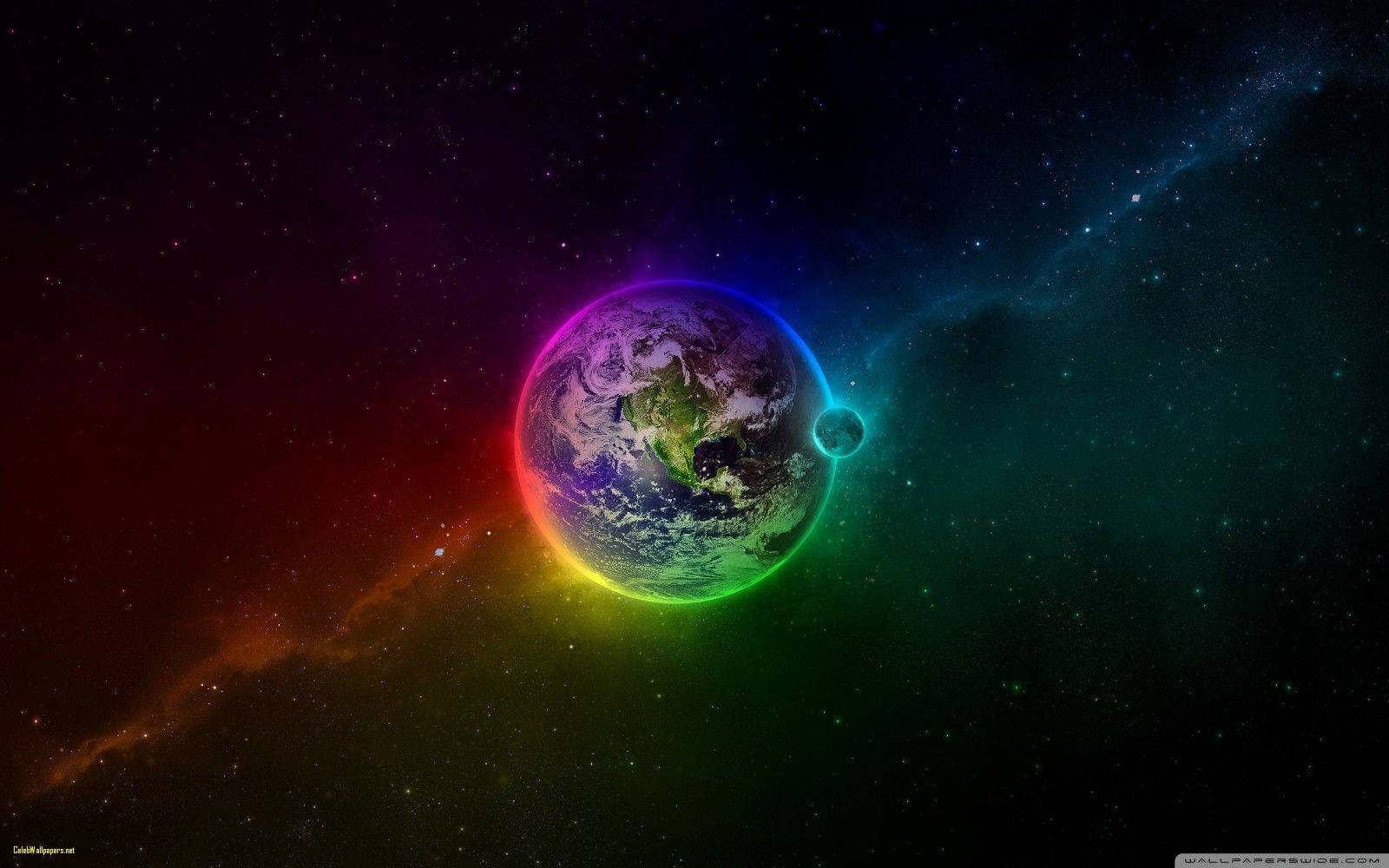 地球在色彩繽紛的星空中散發著彩虹光環。 — 4K 地球 壁紙