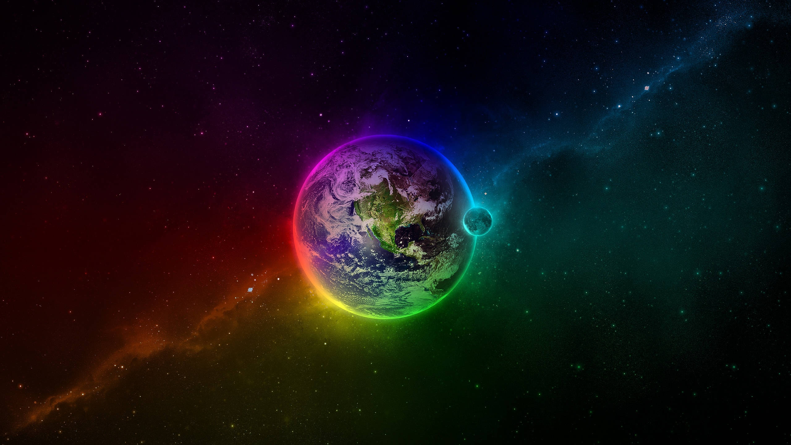 Space 2560x1440 桌布 壁紙 — 一道充滿活力的彩虹光環籠罩著地球，它漂浮在繁星點點的宇宙中，附近還有一輪發光的月亮。