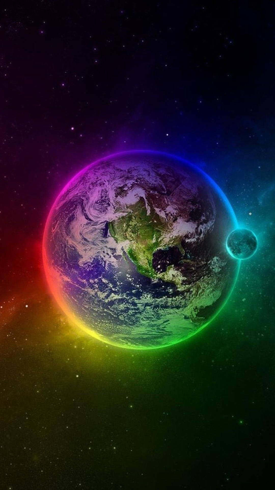Amazing 桌布 壁紙 — 一道充滿活力的彩虹光環籠罩著地球，背景是繁星點點的宇宙，附近還有一顆小月亮。