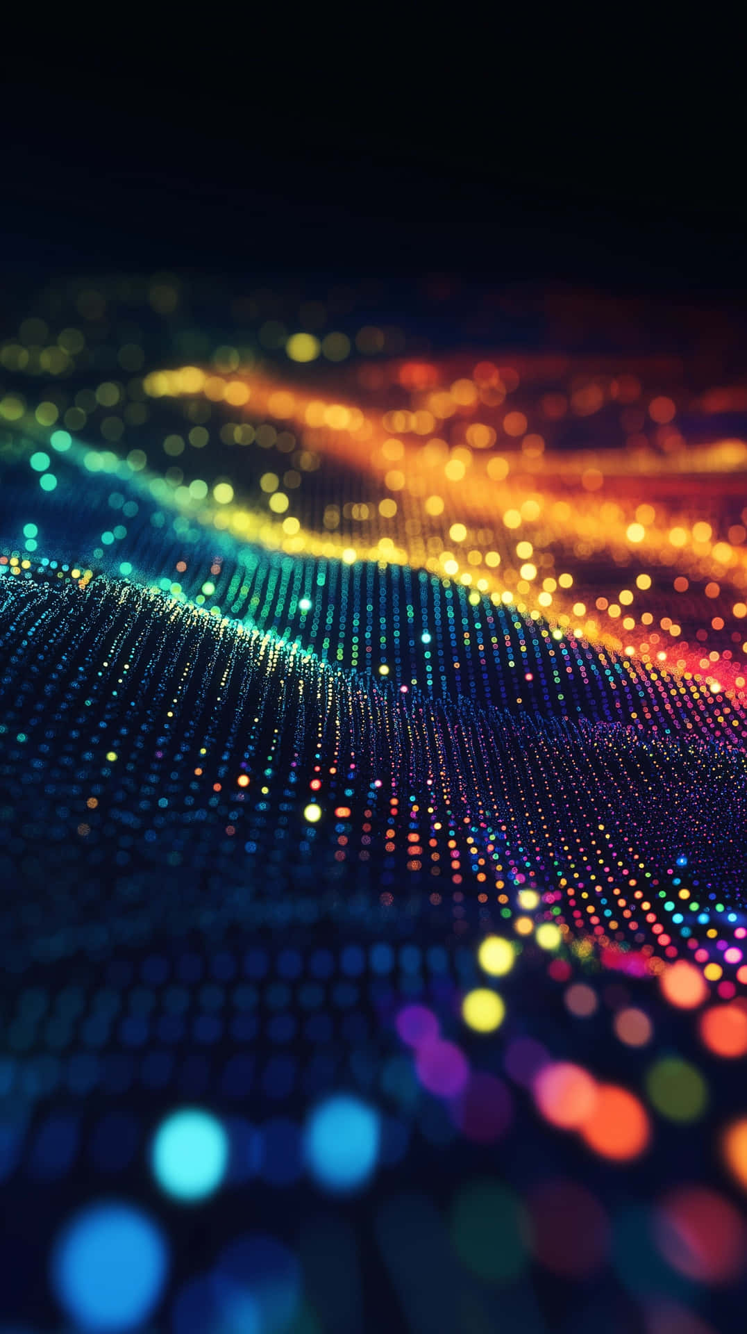 Abstract Digital Art of Multicolored Glowing Dots in a Dynamic Wave 壁紙 — 一道充滿活力的數位波浪，由發光點組成，在黑暗表面上流動，背景有散景燈光。