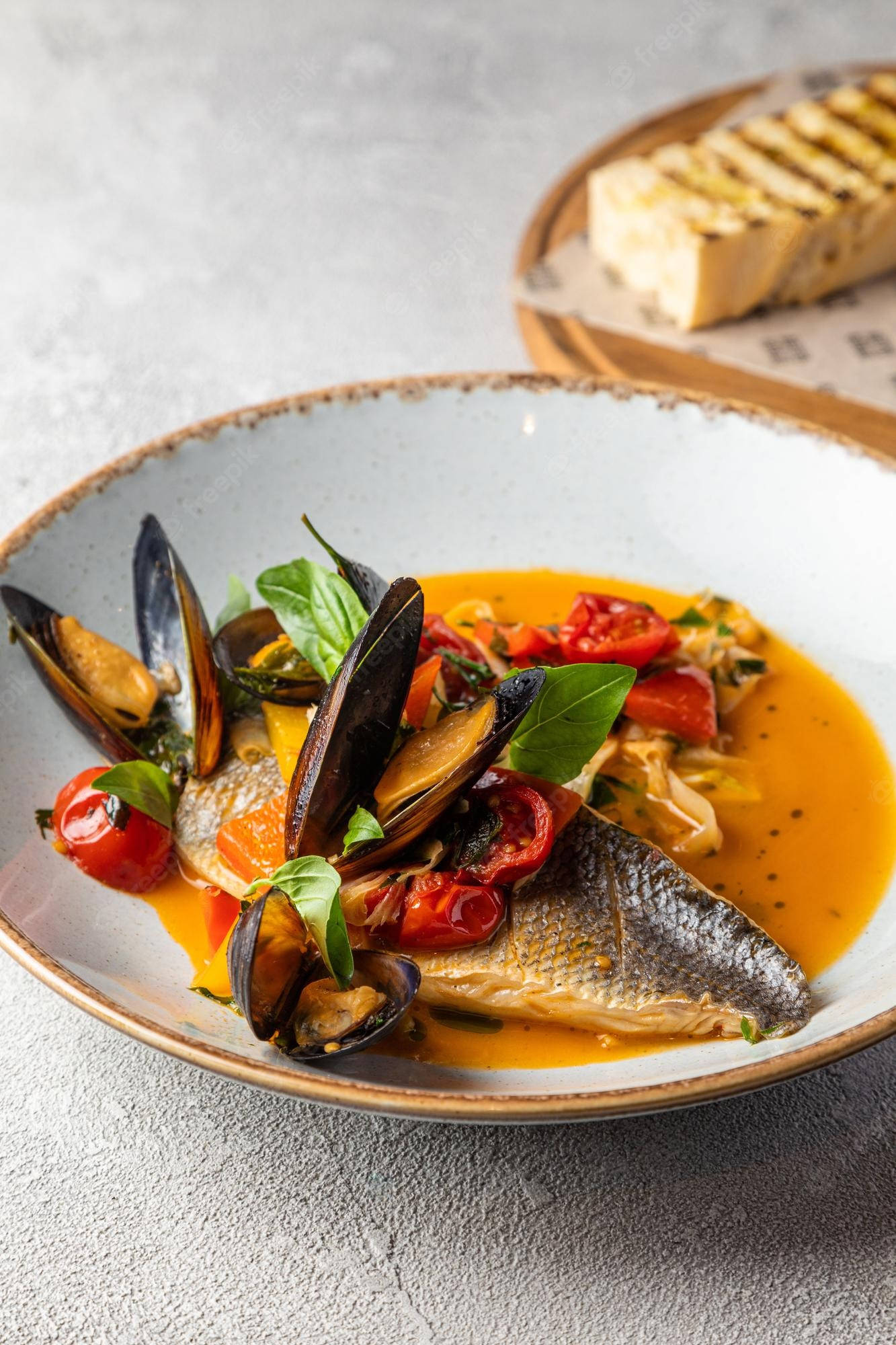 Food Photography 桌布 壁紙 — 一道充滿活力的海鮮燉菜，配有淡菜、番茄和魚，配上濃郁的橙色醬汁，盛在鄉村風格的碗中，搭配烤麵包。