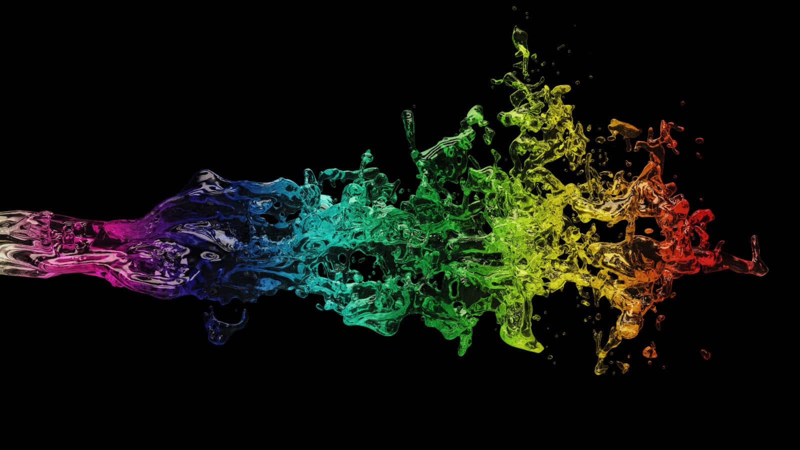 Cool Abstract 桌布 壁紙 — 一道充滿活力的液體顏料彩虹飛濺，在純黑背景上呈對角線爆發。