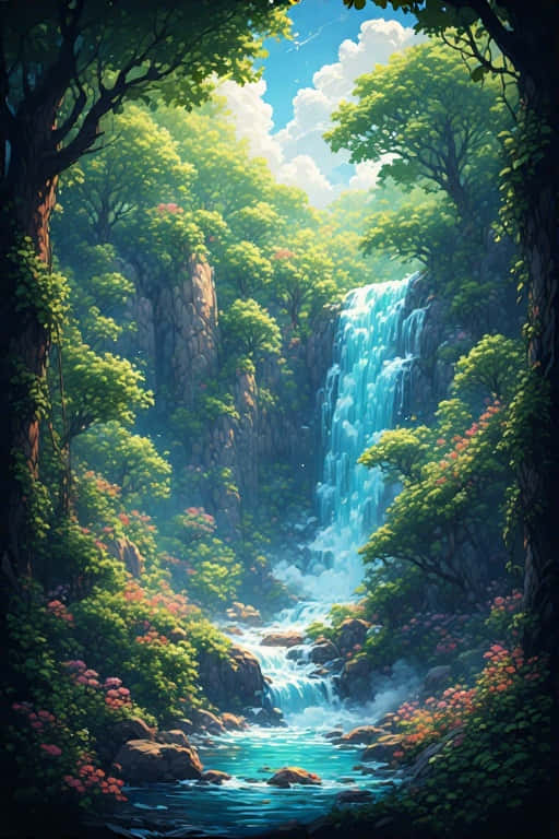 Whimsical Forest Waterfall Adventure 壁紙 — 一道充滿活力的瀑布在明亮的藍天下，流過茂密的綠色森林，森林中有粉紅色的花朵和岩石峭壁。
