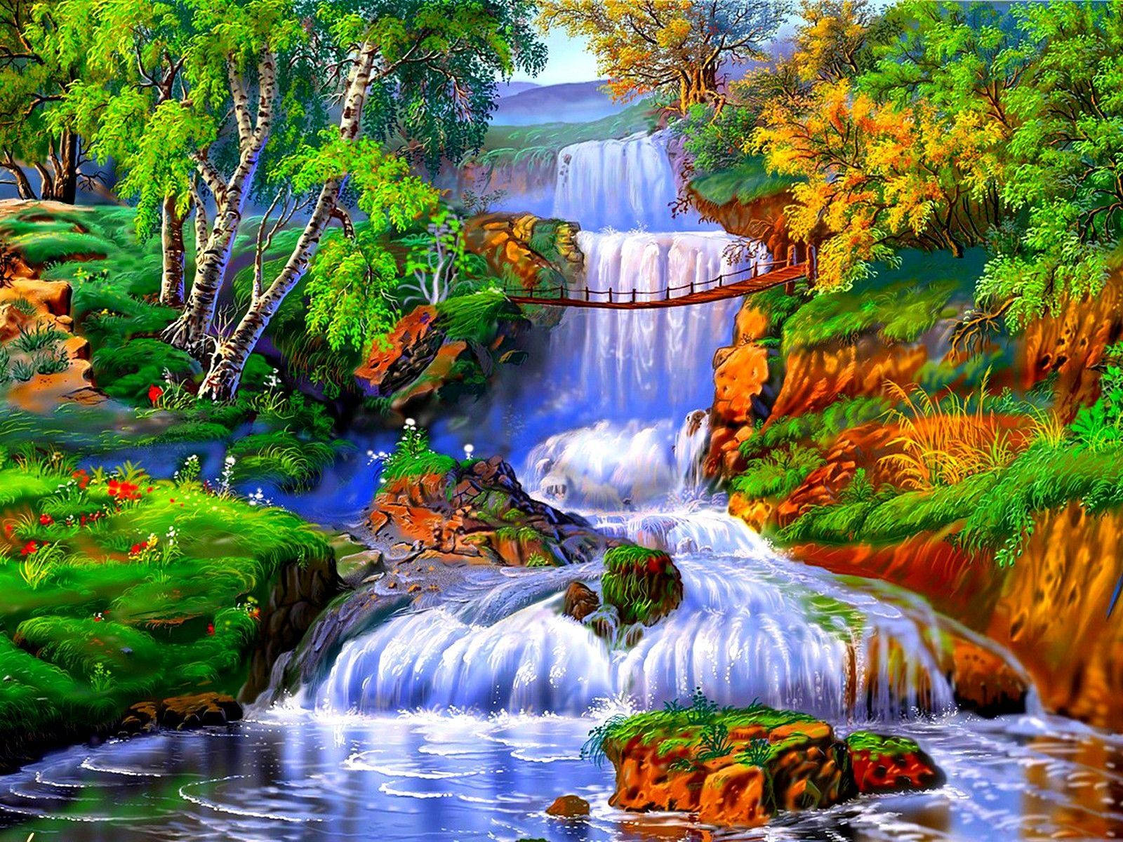 Painting 桌布 壁紙 — 一道充滿活力的瀑布穿過鬱鬱蔥蔥的綠色和秋色森林，中間橫跨著一座木橋。