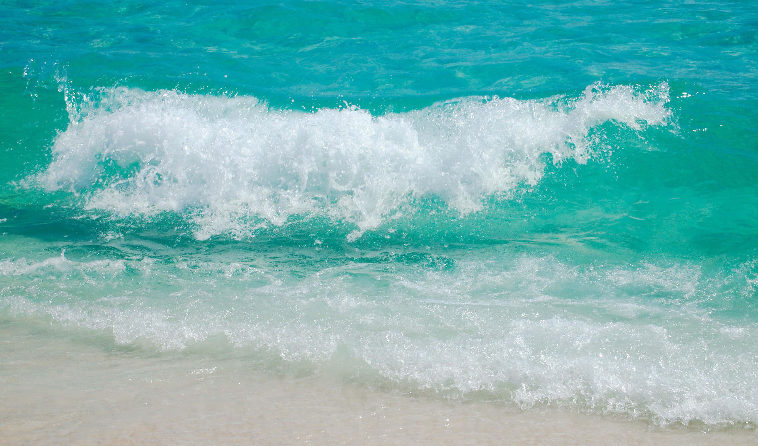 Beach Waves 桌布 壁紙 — 一道充滿活力的碧綠海浪拍打著純淨的白色沙灘，泛起白色泡沫。