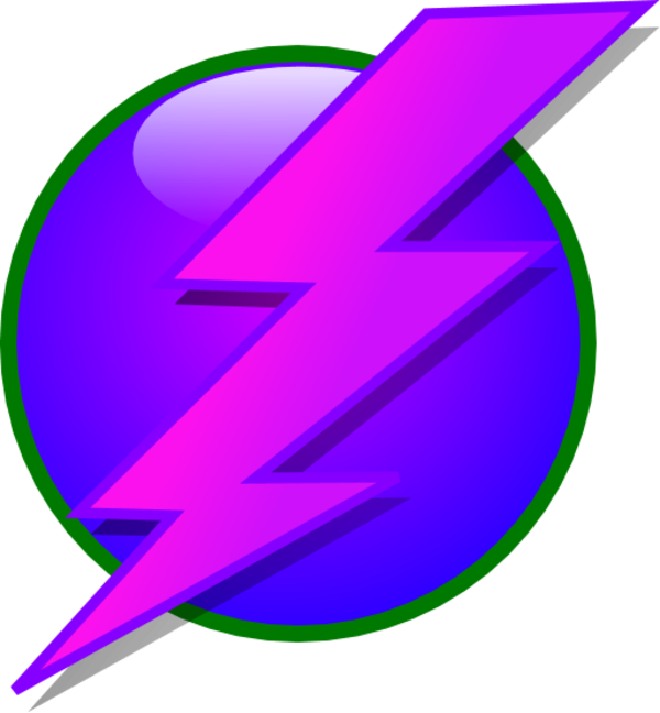閃電 桌布 壁紙 — 一道充滿活力的紫色閃電斜向劃過一個帶有綠色邊框的光澤藍色圓圈。