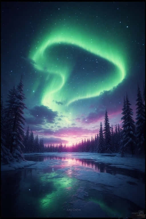 Northern Lights Over Frozen Lake 4K 壁紙 — 一道充滿活力的綠色北極光在繁星點點的暮色天空中舞動，下方是一條被雪松環繞的冰封河流。