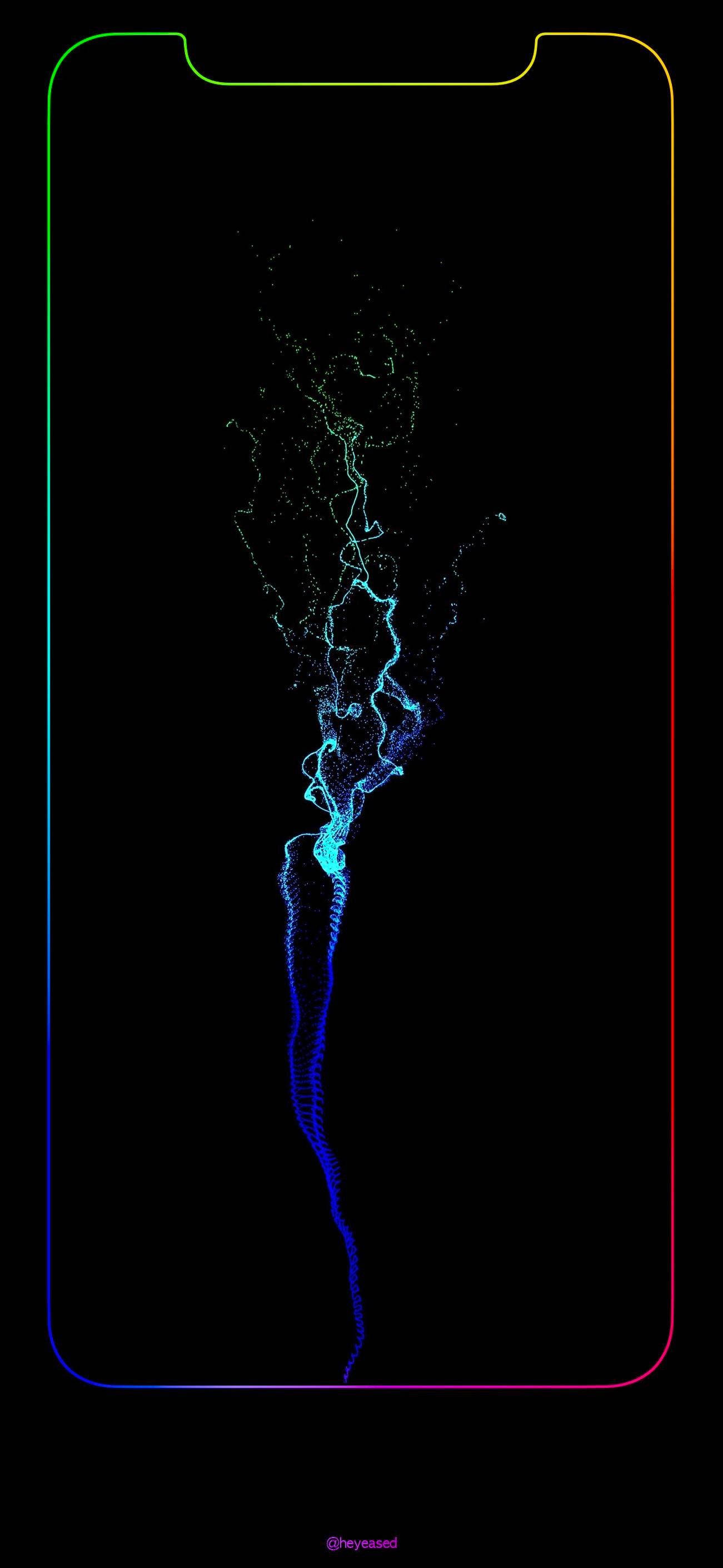 iPhone 桌布 壁紙 — 一道充滿活力的霓虹閃電從發光的脊椎向上射出，背景是帶有彩虹邊框的黑色手機螢幕。