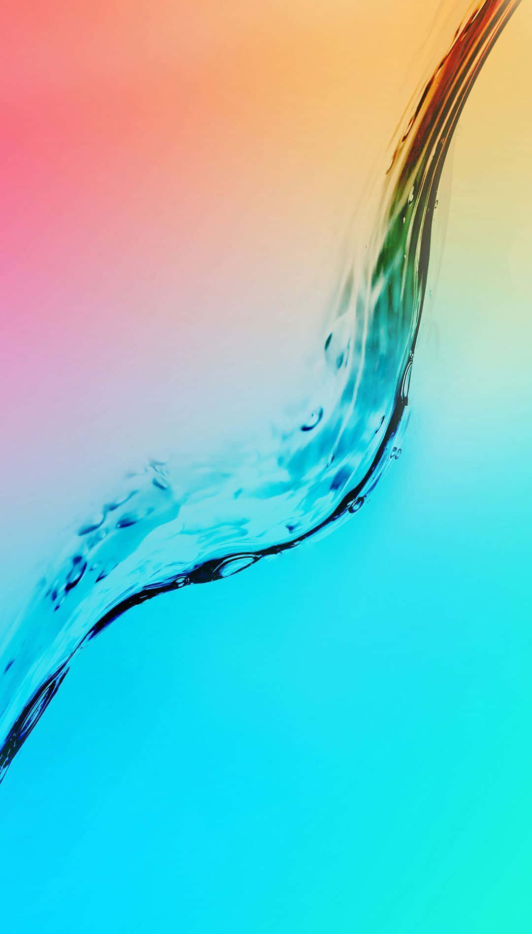 Galaxy S 桌布 壁紙 — 一道動態的水花優雅地彎曲，映襯著粉紅、橙、黃和青色的漸變天空。