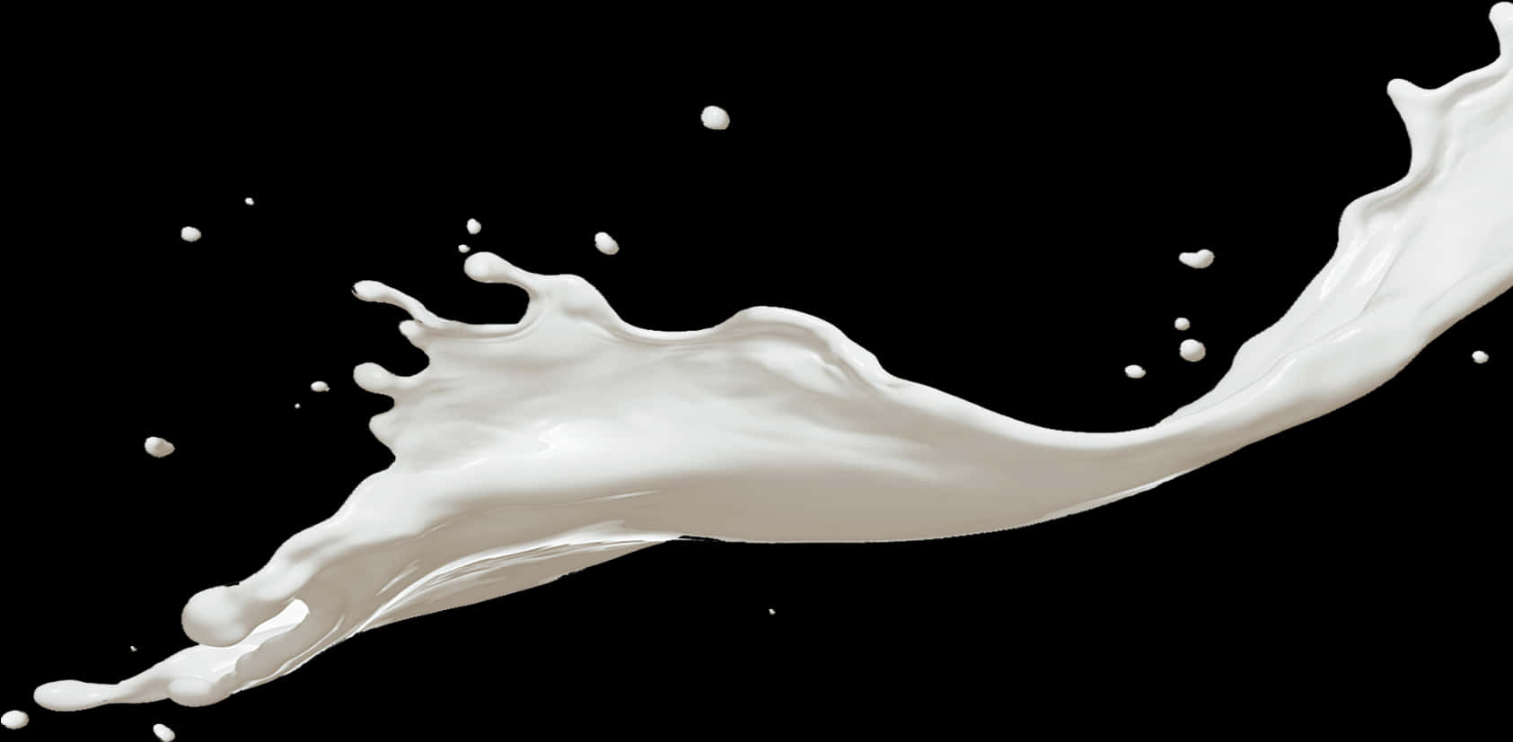 Milk Splash 桌布 壁紙 — 一道動態的白色牛奶飛濺優雅地劃過純黑背景，水滴懸浮在半空中。