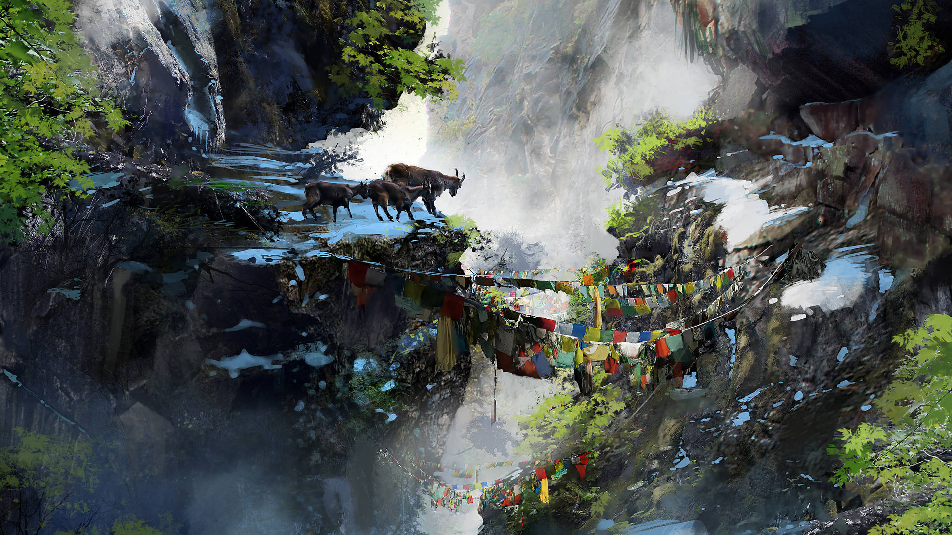 Far Cry 4 桌布 壁紙 — 一道壯麗的瀑布穿過霧氣瀰漫的山峽，氂牛在色彩鮮豔的經幡下踏著雪路前行。