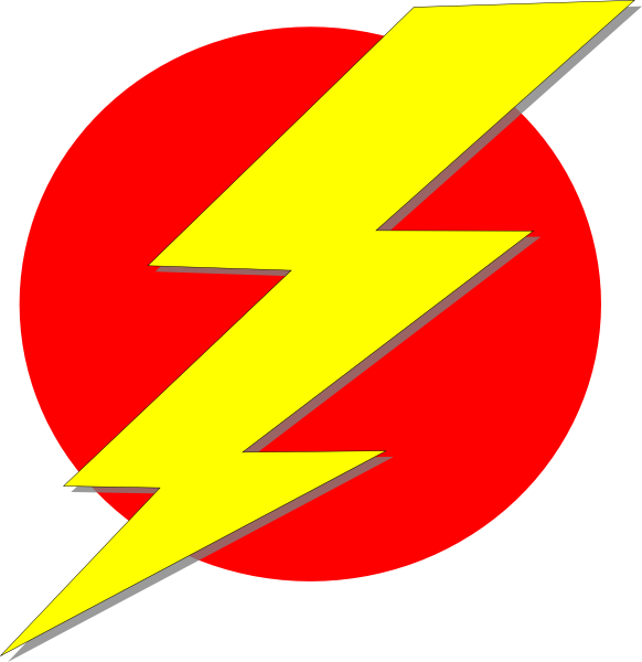 Yellow Lightning 桌布 壁紙 — 一道大膽的黃色閃電斜向劃過一個帶有灰色陰影輪廓的鮮紅色圓圈。