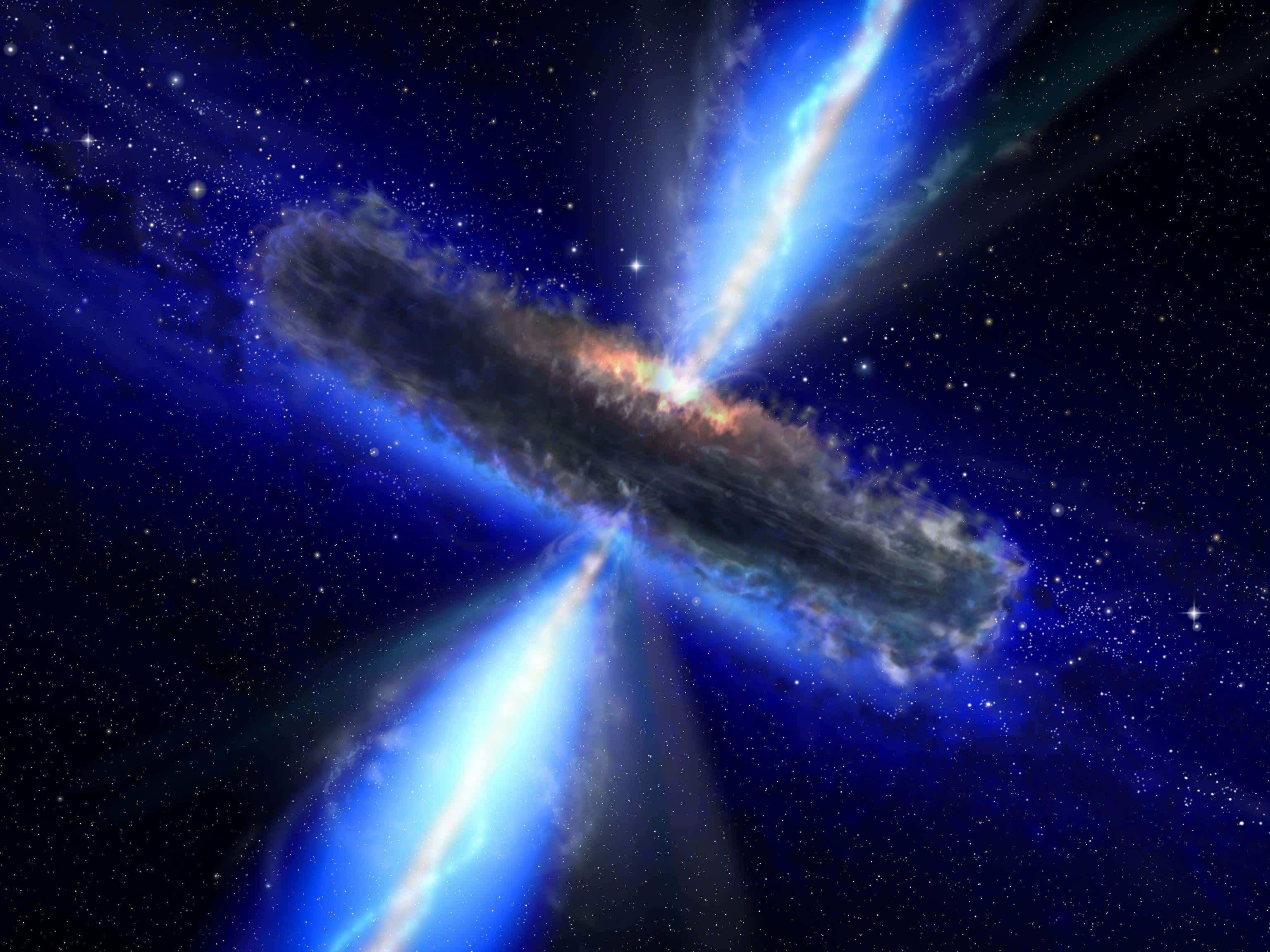Quasar 桌布 壁紙 — 一道宇宙噴流從中央黑洞噴出，耀眼的藍色光束穿透星場。