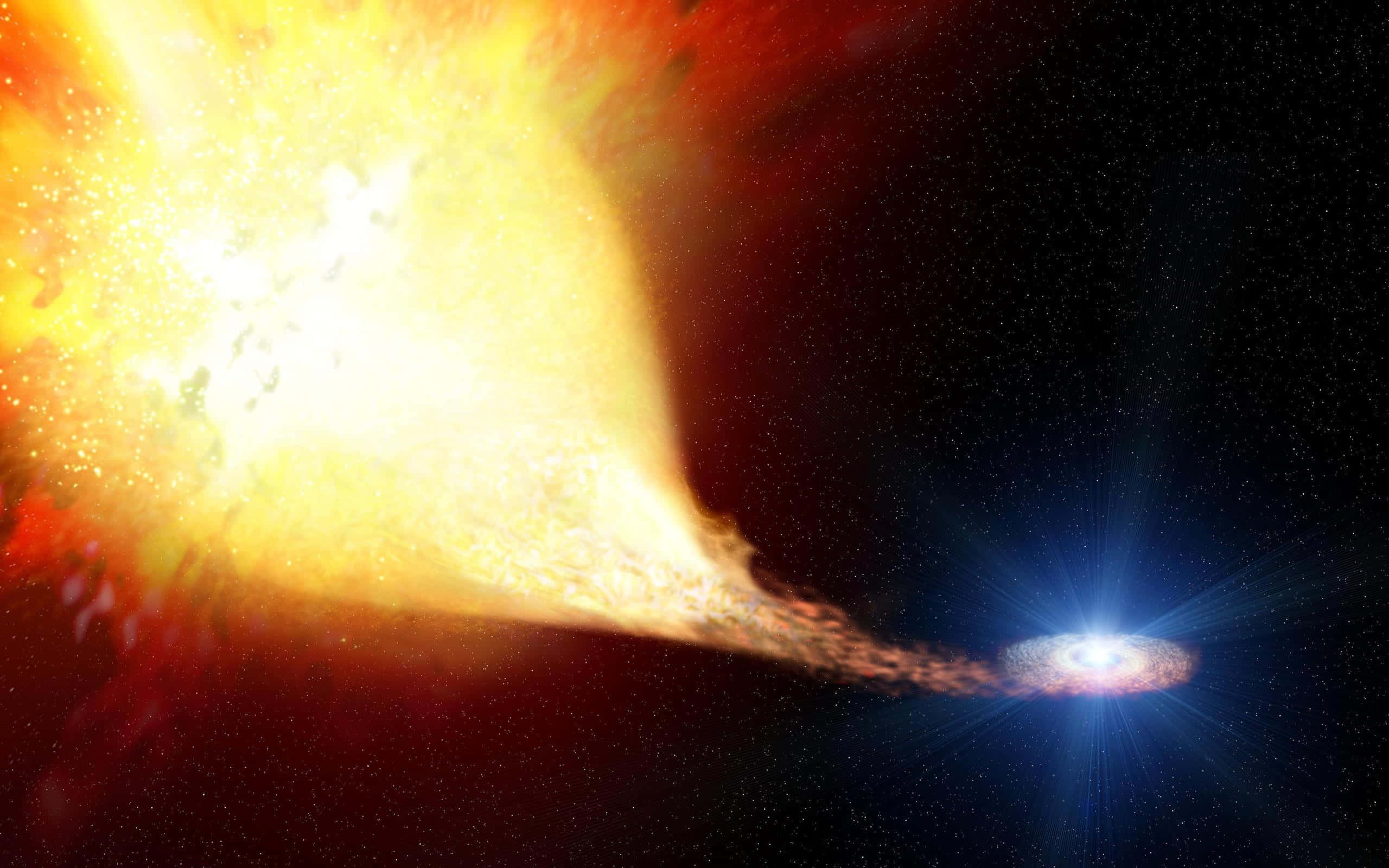 Black Hole Sun 桌布 壁紙 — 一道宇宙噴流從明亮的星系核心噴發，將熾熱的橙色等離子體射向黑暗的星場。