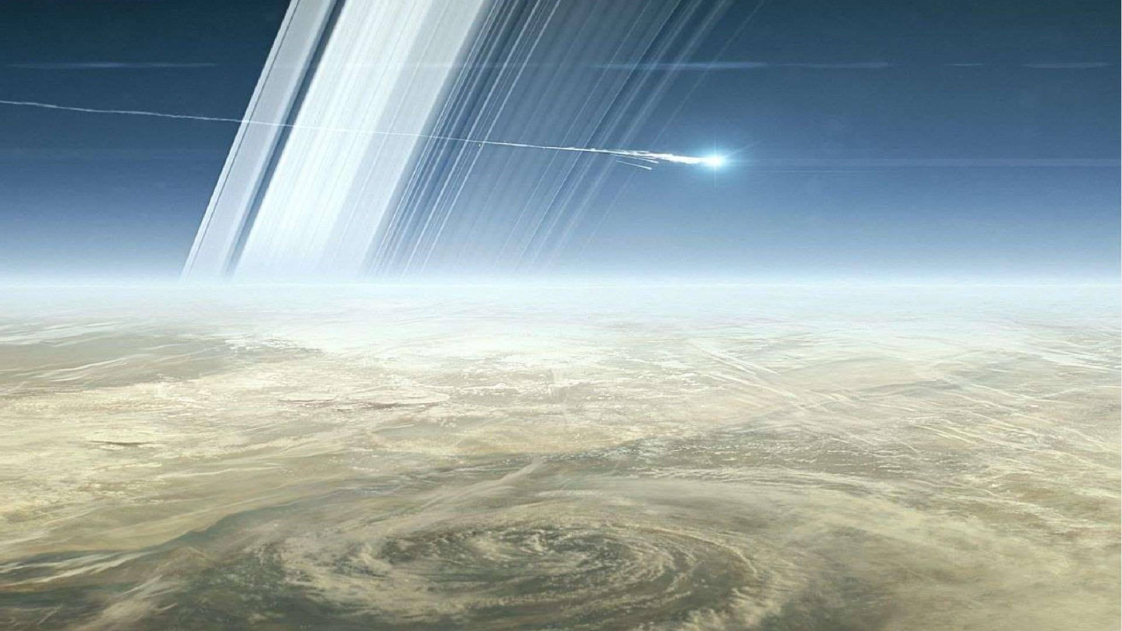 銀河 桌布 壁紙 — 一道宇宙射線劃過沙漠行星的大氣層，明亮的光束穿透旋轉沙塵上方的天空。