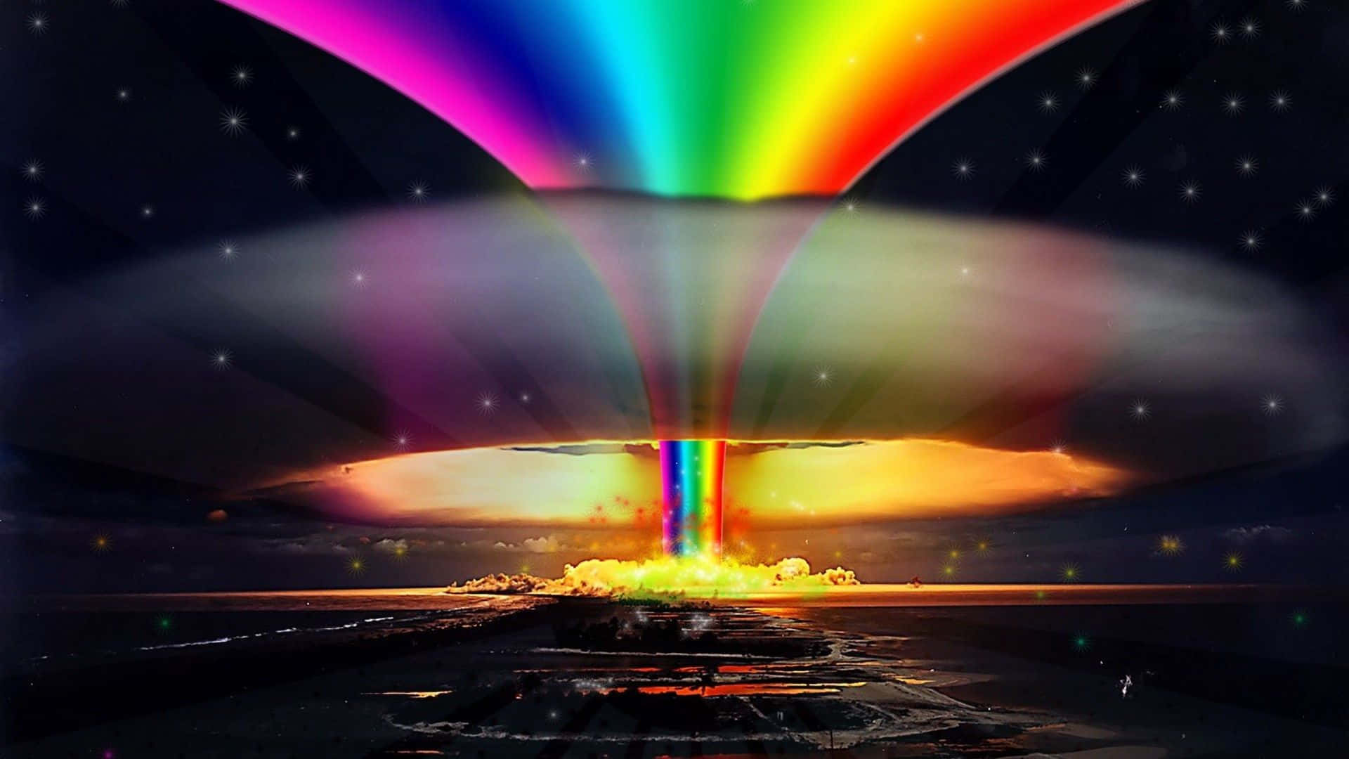 Pride Aesthetic 桌布 壁紙 — 一道宇宙彩虹光束從發光的蘑菇雲中噴出，籠罩在星空下的黑暗景觀之上。
