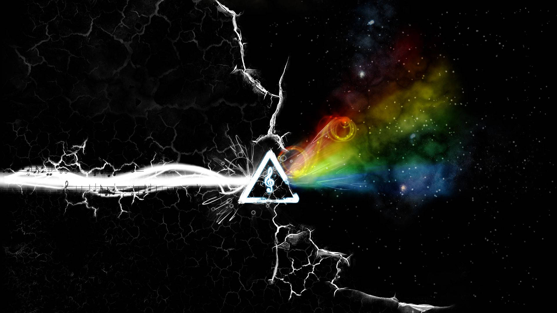 Floyd 桌布 壁紙 — 一道宇宙裂縫撕裂開來，顯露出彩虹星雲和從發光三角形流出的音符，背景是破裂的黑色虛空。