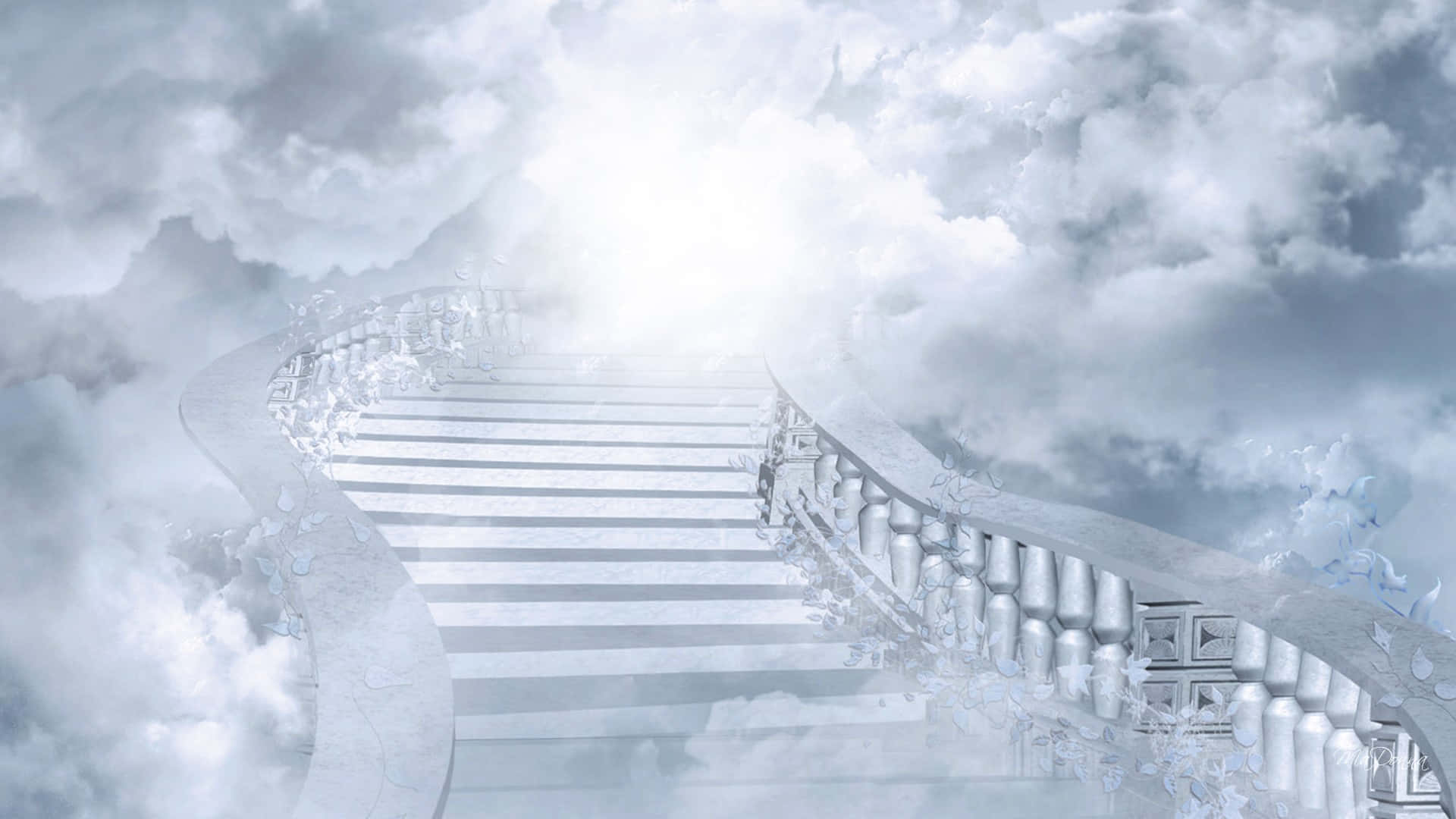 Clouds Aesthetics 桌布 壁紙 — 一道宏偉的白色樓梯穿過旋轉的雲層向上延伸，通往上方耀眼的光源。