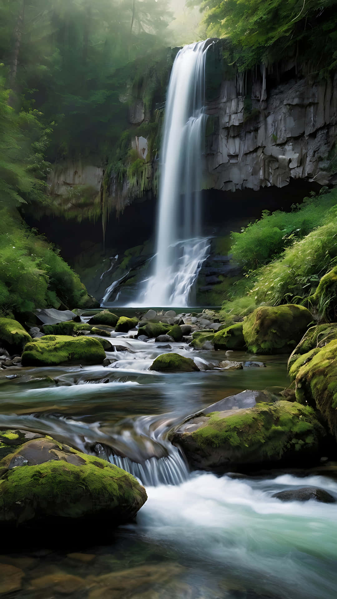 The Whispering Waterfall – A Nature's Tale. smartphone wallpaper 壁紙 — 一道寧靜的瀑布從長滿苔蘚的懸崖傾瀉而下，流入被茂密綠林環繞的平靜溪流。