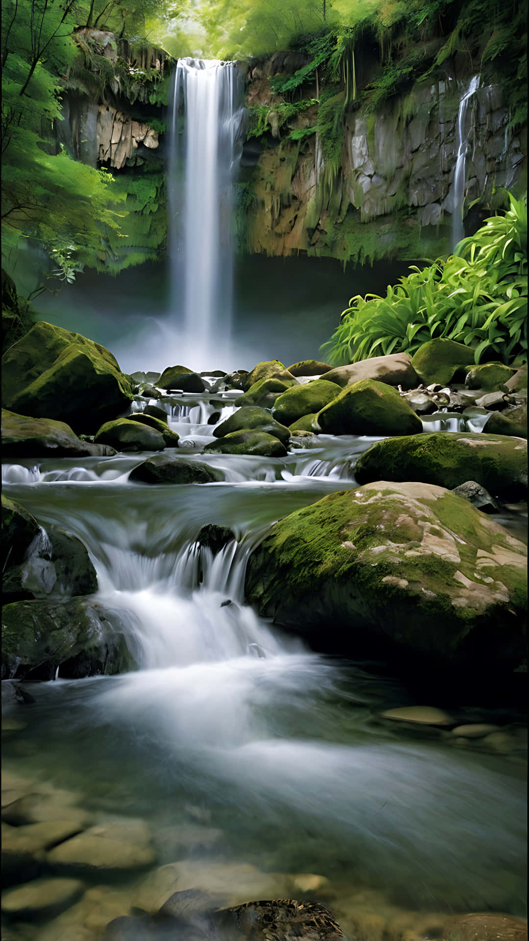 Pristine Waterfall Tranquility in Nature’s Heart. smartphone wallpaper 壁紙 — 一道寧靜的瀑布從長滿苔蘚的懸崖傾瀉而下，流入清澈的小溪，流過光滑的岩石，周圍是茂密的綠色森林。